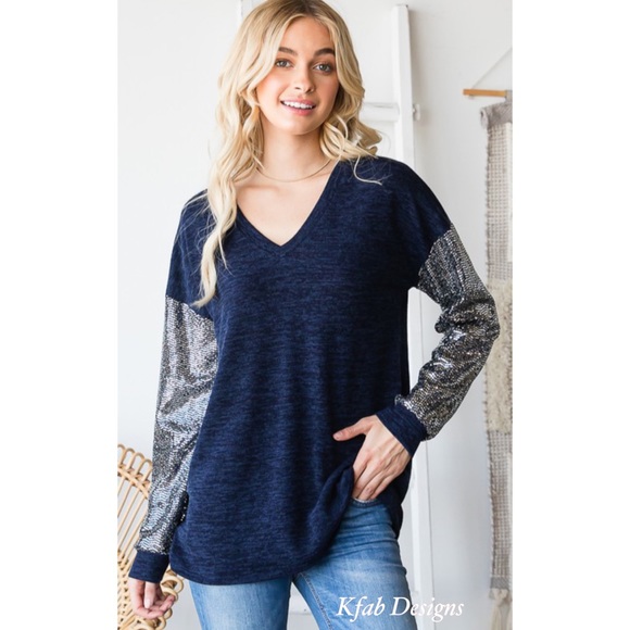 ❤️LAST! V Neck Midnight Blue Super Soft Sequin Sleeve Top! - Picture 3 of 16